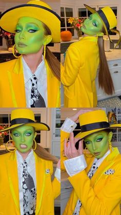 the woman is wearing yellow and has green paint on her face, while she wears a hat