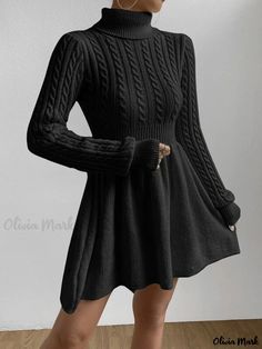 Olivia Mark - Casual Twist Knit Sweater Dress Umbrella Skirt, Cable Knit Turtleneck Sweater, Dresses Casual Fall, Turtleneck Sweater Dress, Sweater Dresses, Elegant Dresses For Women, Hijabi Fashion, Round Neck Sweaters, Knit Sweater Dress