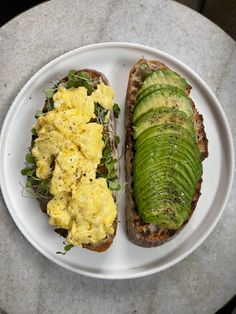 a white plate topped with two sandwiches covered in avocado