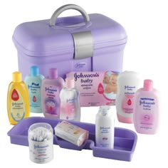 the baby care kit is purple and has various items in it, including toothbrushes