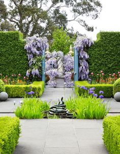 a garden with lots of green bushes and purple flowers in the center, surrounded by hedges