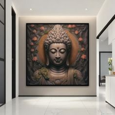 the buddha statue is hanging on the wall