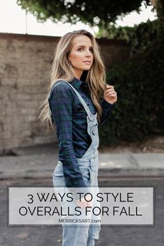 Three Ways to Wear Overalls This Fall | Merrick's Art | Merrick's Art Fall Overall Outfits Casual, How To Wear Overalls Fall, How To Style Bib Overalls, Wide Leg Overalls Outfit Winter, Sweater Under Overalls Outfit, Styling Jean Overalls, Bib Overalls For Women Outfit Ideas Fall, Women Overalls Outfits Fall, Bib Overalls For Women