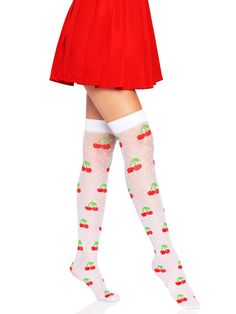 Show off your flirty style with the extra sweet cherry thigh highs by Leg Avenue. The woven cherry design and polka dot detail of these stockings pair perfectly with shorts and skirts for a playful look. Package includes: 1 PC High quality hosiery fabric for long lasting wear Ultra soft and comfortable Woven cherry and polka dot detail Flirty over the knee sock design Vivid non-fade colors Your go-to look for summer styles Hand wash cold, Do not bleach, Drip dry Final sale White Thigh Highs, Cherry Red Color, Over The Knee Socks, Leg Avenue, Fishnet Tights, Fishnet Stockings, Thigh High Stockings, Designer Socks, Socks And Hosiery