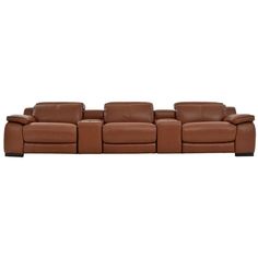 a brown leather couch with three reclinings on the back and one arm facing away from