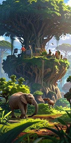 an elephant in the middle of a jungle with people on it's roof and some trees