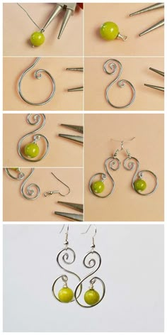 the steps to make wire earrings with green beads and silver wires are shown in four different ways