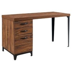 a wooden desk with two drawers and metal legs