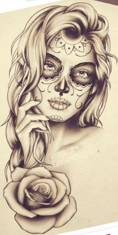 a drawing of a woman's face with sugar skulls and roses on her cheek