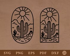 two windows with the sun and cactus in them are shown on a tan wallpaper