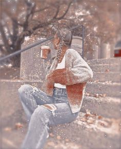 a woman sitting on the steps with a cup of coffee