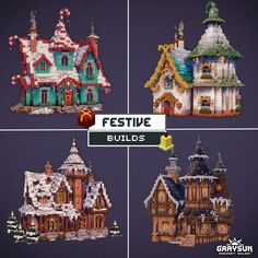 four different types of buildings made out of legos and paper machches with text reading festive build's