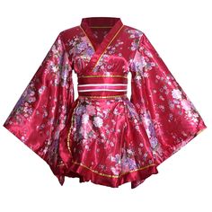 PRICES MAY VARY. !!!Please Use The Size Chart Image on the Left. Do not use Amazon's "Size Chart" link.!!!! -Features: Short Style kimono robe in bright color with Peony pattern, elegant and pretty. simple to wear.Top is separated from the skirt.Wide belt and large bow.Blue string adorns the waist.Collars and hemlines are decorated with white lace.If the v-neck is deep, a black cloth covers the front chest.No embarrassment. -Material： Made of 100% Polyester. light weight and airy and satin soft Skirt Belt Outfit, Japanese Traditional Geisha, Kimono Outfit Japanese, Short Kimono Dress, Traditional Geisha, Formal Kimono, Japanese Fashion Women, Japan Dress, Belt Outfit