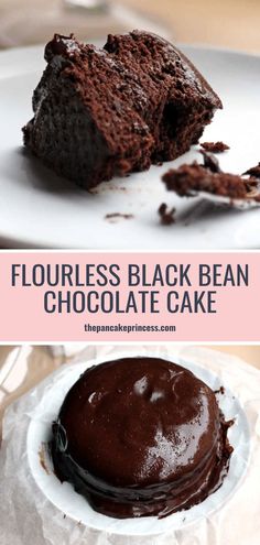 chocolate cake on a plate with the words flourless black bean chocolate cake