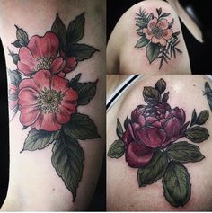 three different pictures of flowers on the back of a woman's shoulder and arm