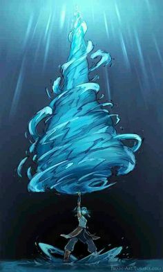 a painting of a person standing in front of a blue christmas tree with water splashing on it