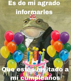 a frog is sitting in front of a birthday cake with candles and balloons on it