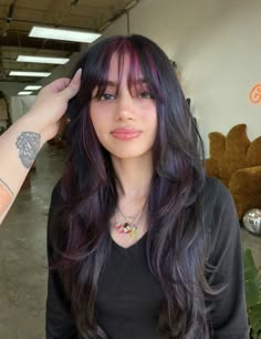 Long Hair Dyed Underneath, Layered Hair Dye, Crown Hair Color, Streaks Dyed Hair, Halo Highlights Black Hair, Purple Over Dark Brown Hair, Dyed Hair For Olive Skin, Black Cherry Peekaboo Highlights, Magenta And Dark Brown Hair