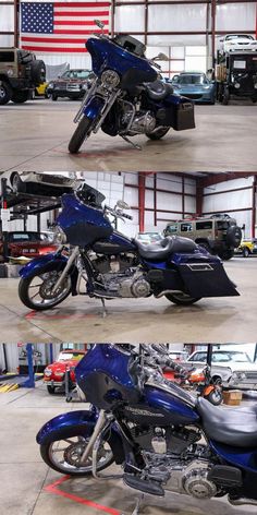 three different views of a blue motorcycle in a garage with american flag on the wall