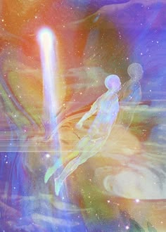 an artistic painting of a person flying through the air with a light saber in his hand