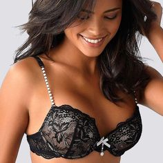 Push up bra with removable pads. * Cups made from lace with contrasting-color lining * Side part made from lace * Straps with decorative pearls on the front * Adjustable straps * Hook and eye back closure * Polyamide/polyester/elastane. Imported. * Hand wash, no bleach, hang to dry * No dryer, iron, or dry clean Minimiser Bra, Bra Lace, Perfect Bra, Lace Straps, Pearl Cream, Support Bras, Black Laces, Lingerie Collection, Underwire Bra