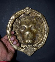 a hand holding a golden lion's head in a circular metal frame on a black background