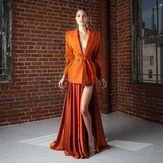 Strong shoulder suit jacket with tie belt & high slit skirt. Michael Costello, Emerald Green Dresses, Evening Outfits, Jumpsuit With Sleeves, Ball Gown Dresses, Tie Belt, Couture Fashion, Green Dress