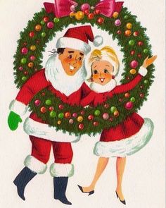 an old fashioned christmas card with santa and mrs claus holding a wreath in the shape of a heart