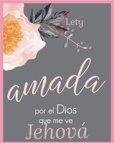 a pink and gray card with an image of a flower on the front, in spanish