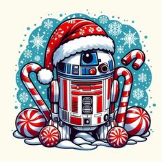 a star wars robot with candy canes and santa hat on it's head