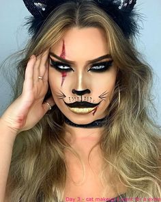 Cat Makeup For Kids, Catwoman Makeup, Cat For Halloween, Double Dress, Beautiful Halloween Makeup, Witchcraft Decor