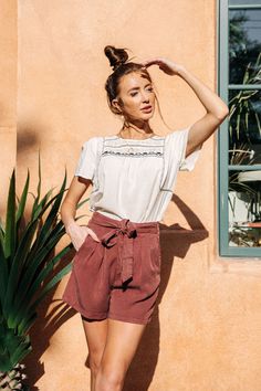 Welder Tattoo, Colored Denim Shorts, Dark Wash Shorts, Summer Shopping List, Summer Shopping, Portrait Poses, Colored Denim, Light Wash Denim, Embroidered Top