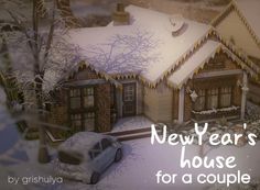 a house with snow on the roof and trees in front of it that says, new year's house for a couple