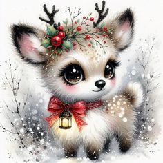 a painting of a little fox with christmas decorations on its head