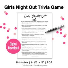 Looking for a fun and engaging activity for your next Girls Night Out, Ladies Night, Galentine's Gathering, or Girls Weekend? Look no further! Our Girls Night Out Trivia is the perfect addition to your event. Get ready to challenge your wit, answer questions, and bond with your besties in this exciting group game! Key Features: * 🎉 Perfect for Girls Night: Elevate your Girls Night Out with a unique and entertaining game that'll have everyone talking. * 🌸 Ideal for Galentine's: Celebrate your girl squad with a game that's all about teamwork and fun. * 🧐 Girls Weekend Highlight: Make your Girls Weekend even more memorable with a challenging and laughter-filled Trivia game. * 🤩 Group Fun: Gather your friends and engage in entertainment with this group-oriented game. * 🎁 Perfect Gift: Sur Pajama Party Games, Girls Night Out Games, Ladies Night Games, Girls Night Games, Weekend Games, Group Games, Trivia Questions, Trivia Games, Let The Fun Begin