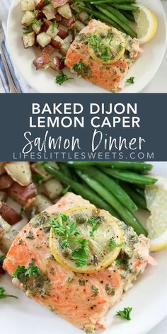 baked lemon caper salmon dinner with green beans and potatoes