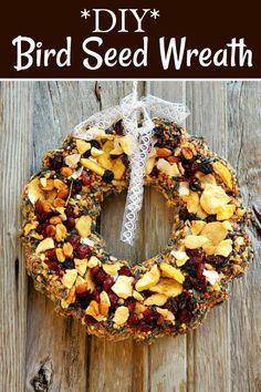 a homemade bird seed wreath hanging on a wooden fence with the words diy bird seed wreath