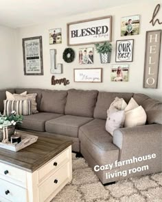 a living room filled with lots of furniture and pictures on the wall above it's coffee table