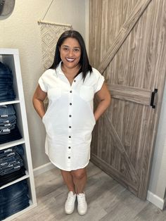 Get ready to rock summer in this off-white twill shirt dress! Perfect for concerts or a casual day out, this dress is washed for a soft, comfortable feel. Its button-down style adds laid-back vibes to your wardrobe. Step out in style and comfort this summer! Twill Shirt, White Button Down, Curvy Dress, Sweater Pants, Winter Accessories, Sweater Jacket, Denim Dress, Dresses For Sale, This Summer