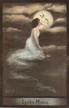 a card with an image of a woman floating in the water and moon above her head