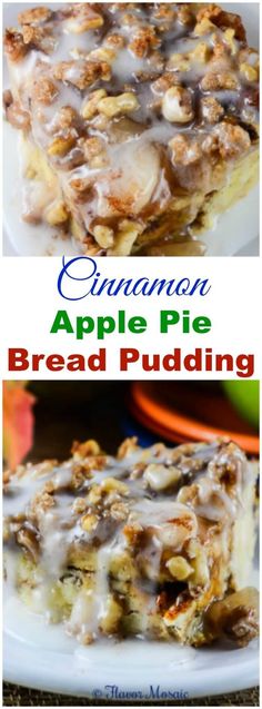 cinnamon apple pie bread pudding on a white plate with the title above it in red and green