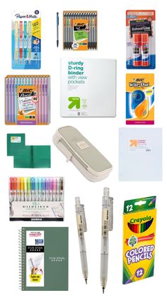 various school supplies including pens, pencils and markers