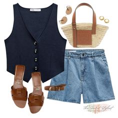 The navy, blue denim and tan outfit you didn’t know you needed! It’s giving old money, sight seeing for me 😮‍💨 The denim shorts, navy waistcoat and tan sandals are all timeless summer wardrobe staples that can be mixed and matched too 💙🤍🤎 Comment LINKS to receive the outfit links directly 🙌🏼 Or SHOP the outfit in the July highlight or via my LTK SHOP - The Secret Stylist #summeroutfit #summerfashion #zaraoutfit #zaraoutfits #neutralstyle #holidayoutfit #loewebag #denimshorts #blueoutfit #w... Tan Sandals Outfit, Tan Shorts Outfit, Tan Outfit, Outfit Verano, Outfit Links, Sight Seeing, Summer Wardrobe Staples, Navy Outfit, Zara Outfit