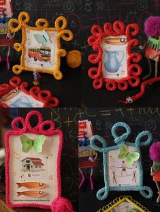 there are four different frames made out of crocheted yarns and paper scissors