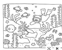 a coloring page with an image of a cartoon character in the ocean and other animals