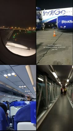 the inside of an airplane that is parked at night and in front of another plane