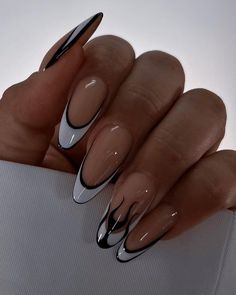 Black Acrylics Almond Shape, Almond Nail Black Design, Prom Nails Acrylic Red And Black, Black With White Nails, Cool Nail Inspo Dark, Nail Designs With French Tip, French Tip Style Nails, Acrylic Nail Designs French Tip, Cool Almond Nails