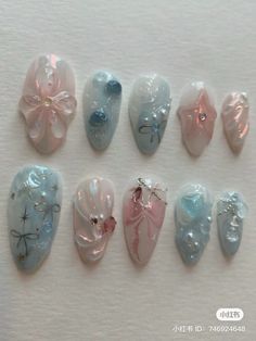 Pink Blue Nails, Asian Nails, Blush Nails, Cute Gel Nails