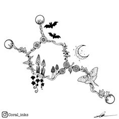 a black and white drawing of a tree with bats, flowers, and other things on it