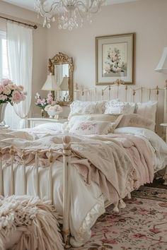 a white bed sitting in a bedroom next to a chandelier and window with pink flowers